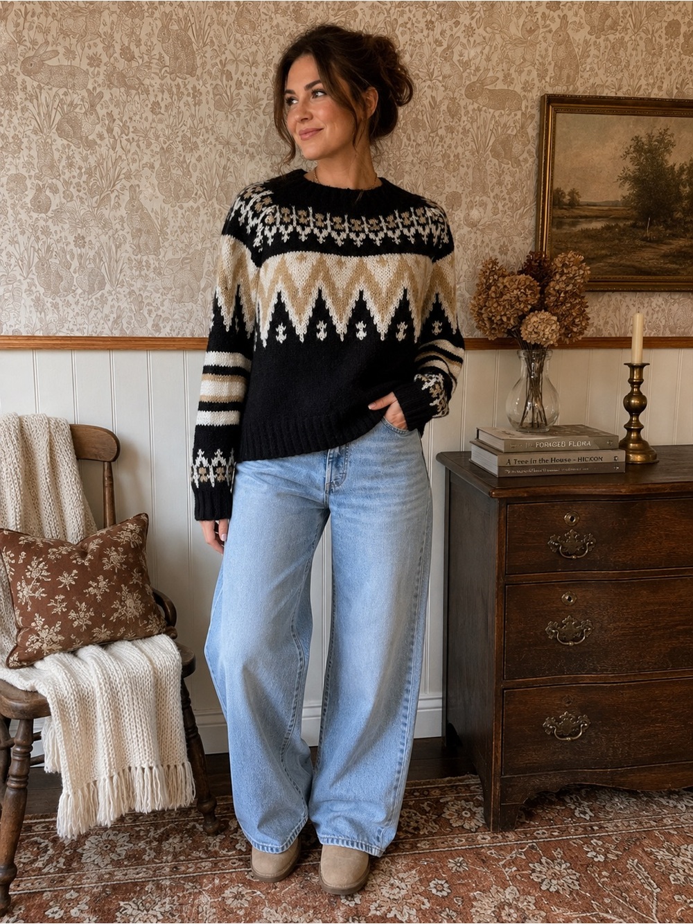 RD Style Black Cream Fair Isle Crewneck Sweater